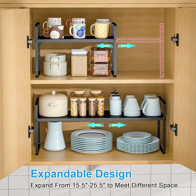 X-cosrack 25.5 Inches 2 Pack Expandable Cabinet Shelves, Stackable Shelf Organizer for Kitchen Cabinet Countertop Storage, Adjustable Counter Cupboard Pantry Organizer Shelf Rack Stand Riser, Black - Image 4