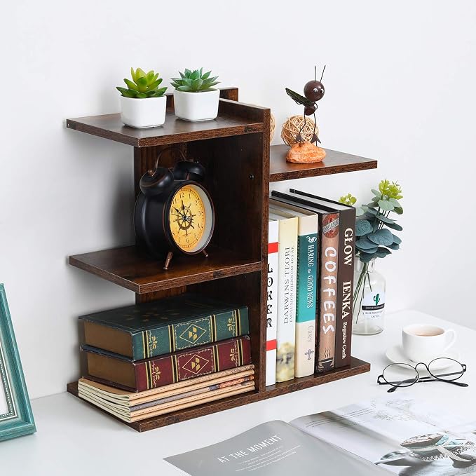 Wood Desktop Shelf Small Bookshelf Desk Supplies Organizers and Accessories Storage Display Rack Office Decor for Women, Antique Brown - Image 6