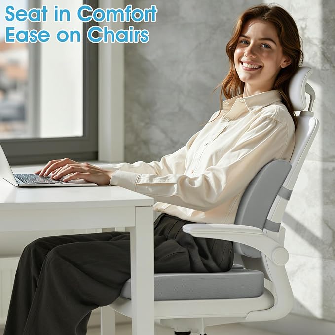 CushZone X-Large Seat Cushion and Lumbar Pillow for Office Chair Light Grey | Thick Memory Foam for Sciatica Pain Relief & Posture Correction, Non-Slip Chair Cushions for Car, Wheelchair and Travel - Image 2