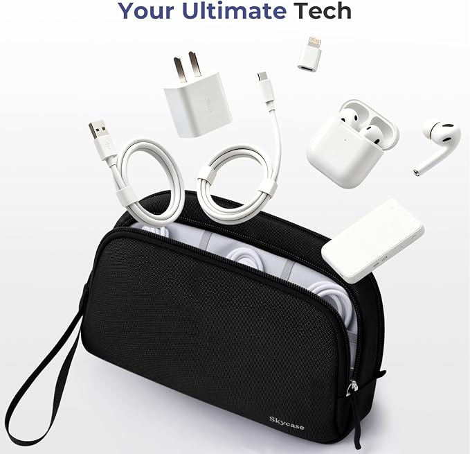 Skycase Travel Cable Organizer - Lightweight Water Resistant Dual-Layer Tech Pouch with Wrist Strap 9 Compartments Electronic Organizer Travel Case for Charger Cord Hard Drive,Small,Black - Image 5