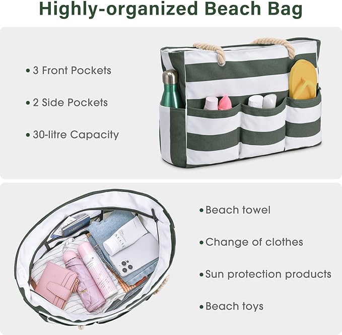 Becokan Beach Bags for Women Canvas Large Beach Tote Bag Zipper Waterproof Sandproof Foldable Swim Pool Bag with 7 Pockets - Image 7