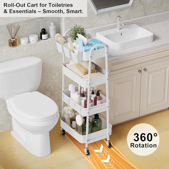 White 4 Tier Rolling Cart Metal with Wheels,Heavy Duty Utility Storage Cart | Four Tiered Roller Shelf Carts Organizer on Wheels for Kitchen, Book, Snack, Craft, Art, Dorm,Large Capacity Basket,38in Tall - Image 6