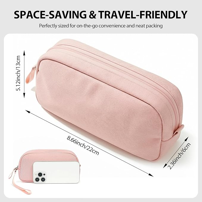 Travel Electronics Organizer Bag, Pink Waterproof Tech Case | Features 8 compartments for 3ft+ cords, padded Oxford fabric, compact 8.66x5.12x2.36 inch size, and 8 cable ties. - Image 2