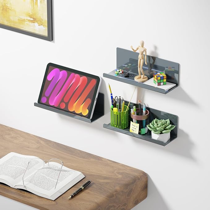 PAVSTINE Adhesive Floating Shelves for Wall No Drilling, 12 Inch Acrylic Self Adhesive Shelves, Stick on Shelves, Dorm Wall Shelf, for Bathroom, Kitchen, Bedroom, Office, Gaming Room, Gray - Image 5