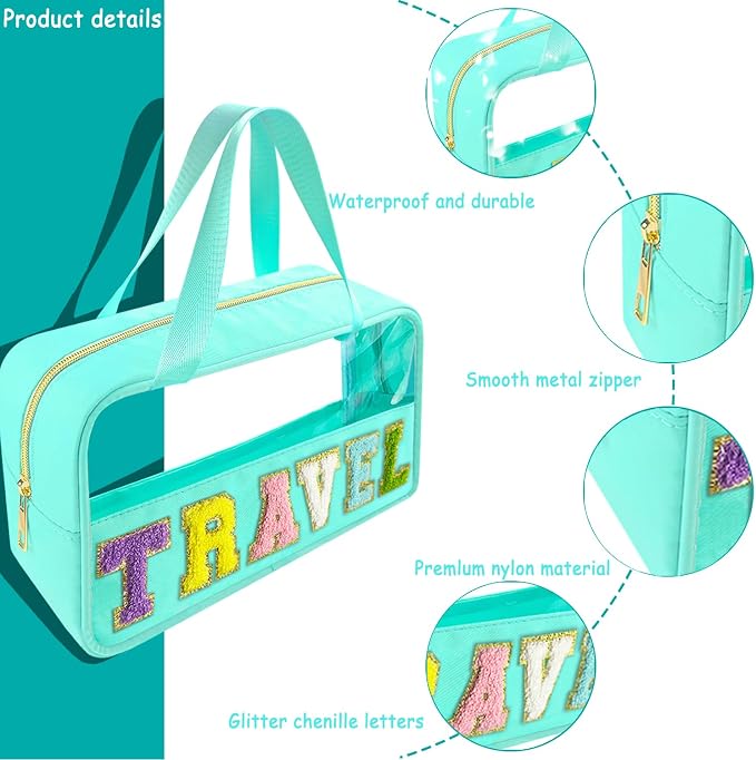 Bunliuys Chenille Letter Clear Makeup Bag Travel Patch, Travel Toiletry Makeup Bag with Handle, Nylon Waterproof Makeup Bags clear cosmetic bag, preppy patch makeup bag for Women (TRAVEL-Mint Green) - Image 3