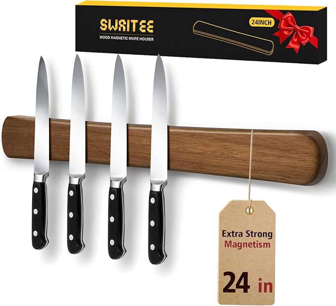 Magnetic Knife Holder, 24 Inch Acacia Wood Knife Strip for Wall or Fridge | Fridge Magnetic or Screw-Mounted, Strong Magnet Secures Knives, Space-Saving, Kitchen Knife Storage, Housewarming Gift by SWAITEE