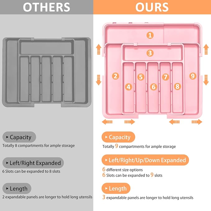 Silverware Organizer Expandable Kitchen Utensil Drawer Organizer Large BPA Free Adjustable Cutlery Silverware Tray for Spoons Forks Knives Storage Divider for Kitchen Flatware 6-9 Slots Pink - Image 4