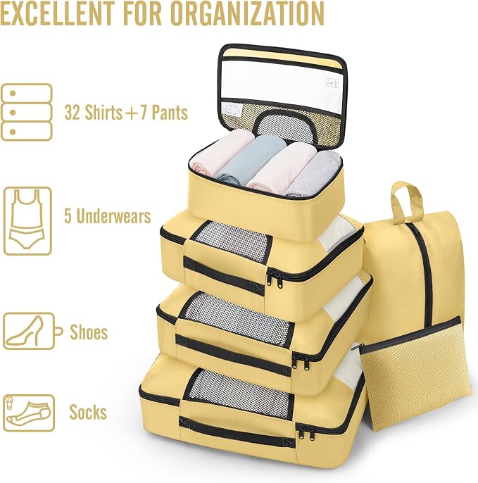 Veken 8 Set Packing Cubes for Travel Essentials,Anti-Wrinkle Buckled Suitcase Organizer for Shoe & Toiletry Bag,Carry On Luggage Bag with 99+ Count Mesh Holes for Airplane & College Dorm Accessories - Image 6