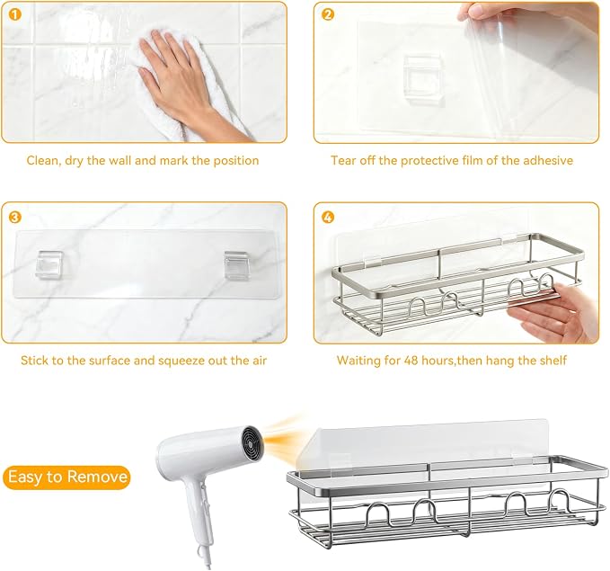 Adhesive Shower Caddy, Large Capacity Shower Racks for Inside Shower, No Drill Bathroom Shower Organizer and Storage, 2 Pack Silver Bathroom Shelves, Home Decor Rv Accessories, Apartment - Image 8