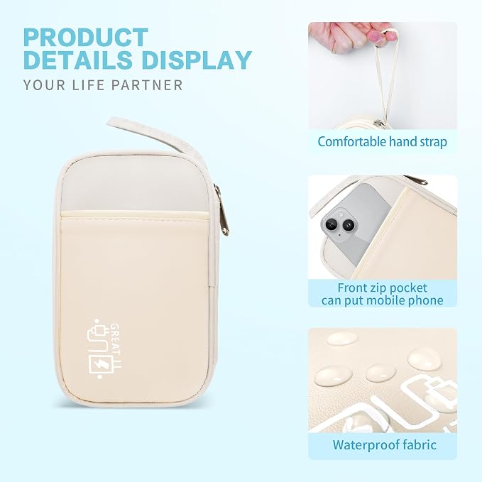 Lcsmaokin Electronics Travel Organizer,Portable Waterproof Electronic Travel Storage Bag for Small Charging Cord Storage,Charger,Small Electronics,SD Card etc,for Travel,Business -Beige - Image 4