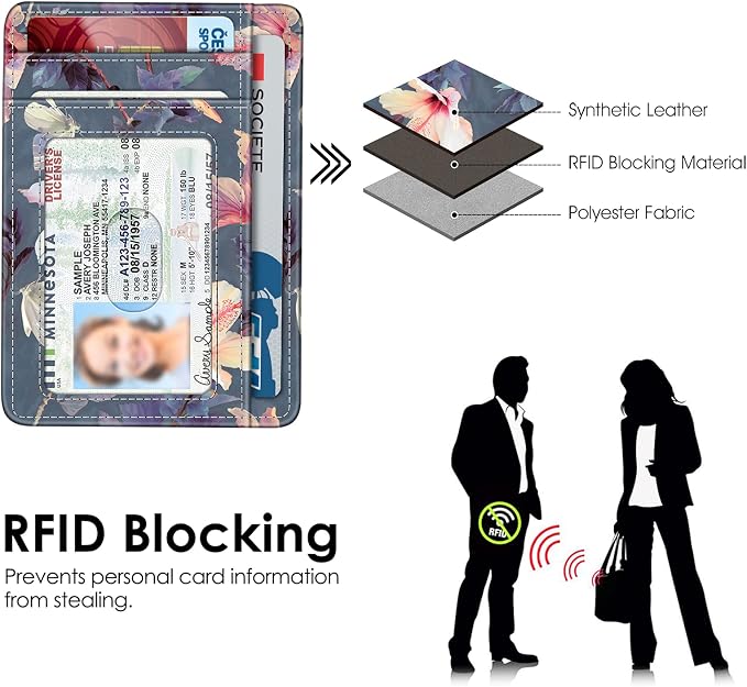 FINTIE Slim Front Pocket Wallet, RFID Blocking Credit Card Holder | Minimalist Card Cases with ID Window for Men Women, blooming hibiscus - Image 5