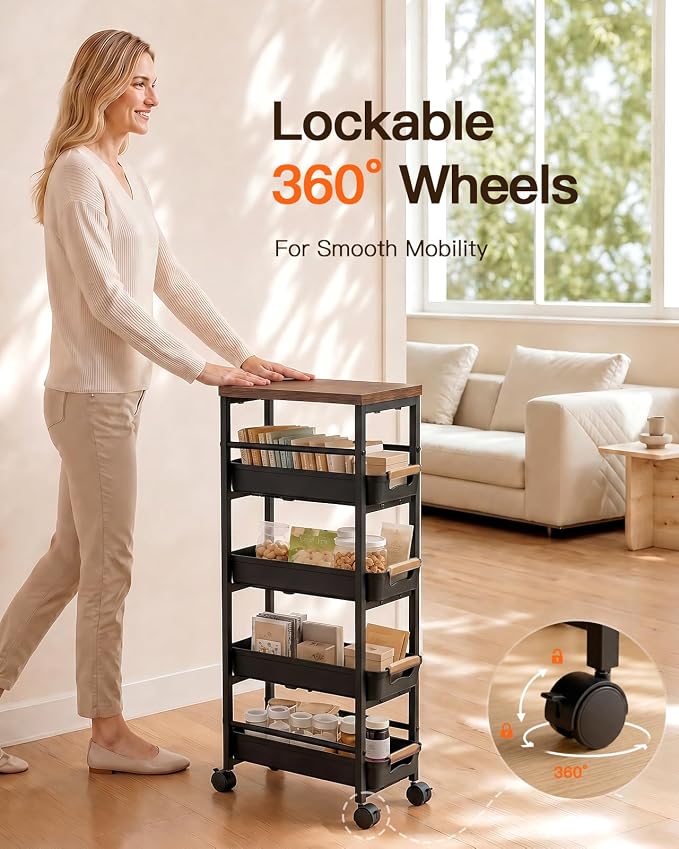 Pipishell Slim Storage Cart, Wooden Top Narrow Kitchen Storage Cart, Black | 5 Tier Skinny Rolling Cart with Pull-Out Baskets, Vented Design & Lockable Wheels for Kitchen, Bathroom, Laundry Room - Image 5