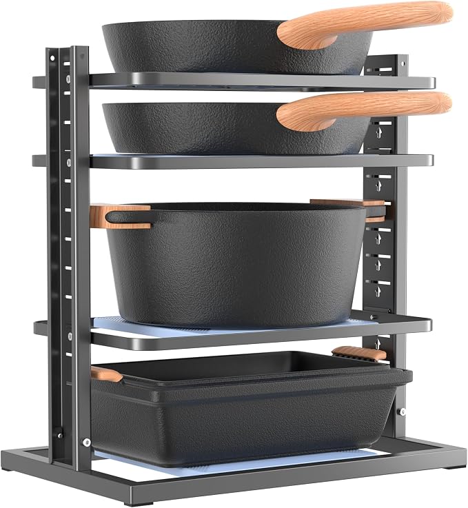LAMU Pots and Pans Organizer for under Cabinet, 4-Tier Heavy Duty Pan Pot Organizers inside Cabinet, Adjustable Pot Rack Kitchen Cabinet Organization and Storage Holds up to 12" Cookware by YourHome-OrganizationHelper