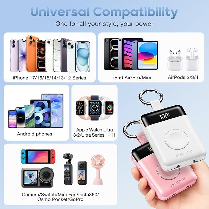 10000mAh Portable Charger,22.5W Power Bank& iWatch Charger,White | LED Display,Built-in Cables,Super Fast Charging,Travel Keychain Battery Pack for iPhone 17/16/15/14/13/12,Apple Watch Series - Image 8