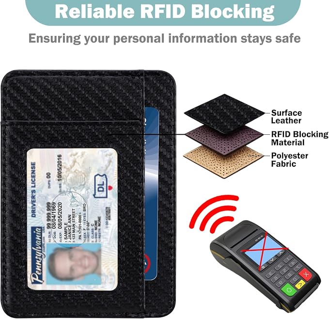 HOTCOOL Slim Wallet for Men, Minimalist Front Pocket Simple Leather Credit Card Holder RFID Blocking for Men & Women, Thin Organizer Gifts, Carbon Fiber - Black - Image 4