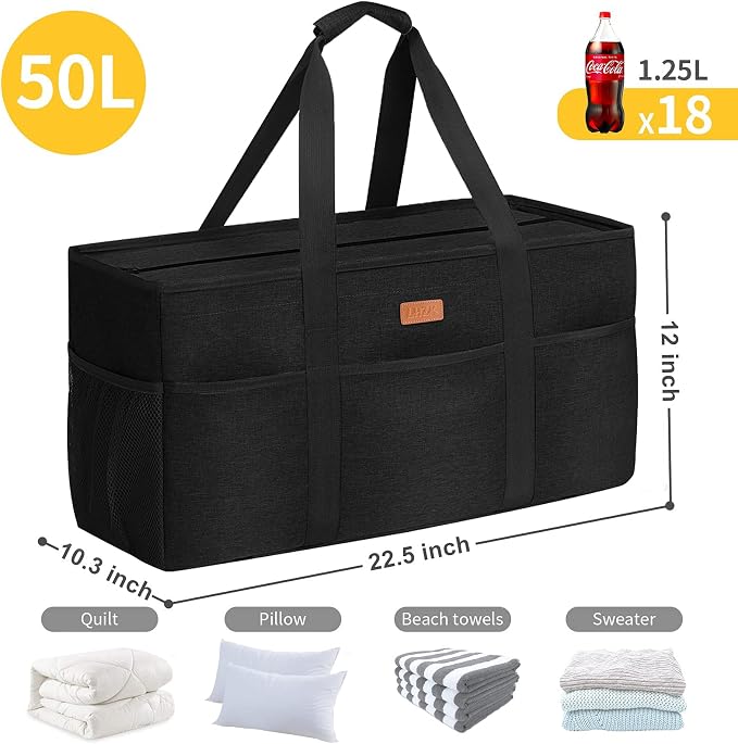 LHZK Stand Up Extra Large Utility Tote Bag with Lid, Utility Tote Bag with Metal Wire Frame and the Sides Rinforced, Reusable Grocery Bags Foldable, Beach Bag, Car Tote (Black) - Image 7