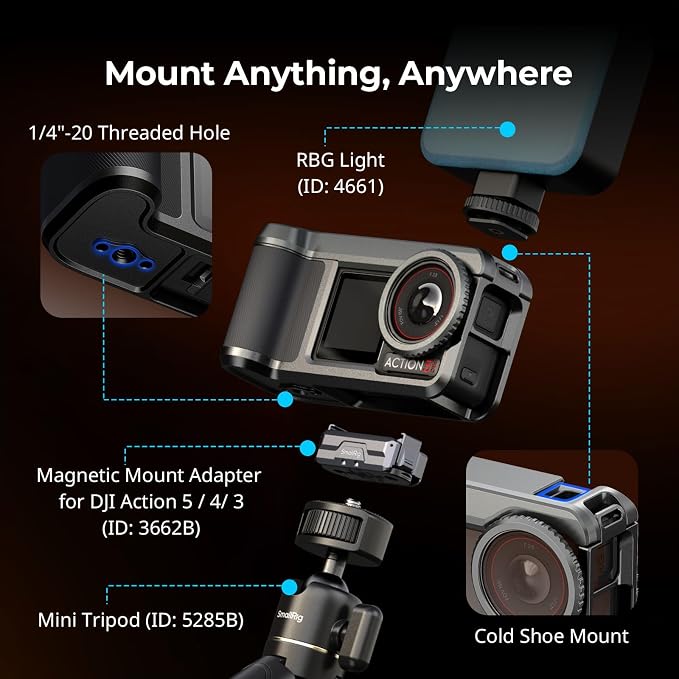 SMALLRIG Street Grip Kit for DJI Osmo Action 5 Pro / 4/3, Aluminum Cage with Shoulder Strap, Lens Protection Ring, Protective Frame with 1/4"-20 Locating Holes, for Street Photography - 6371 - Image 3