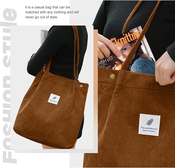 LHMTQVK Corduroy Tote Bags for Women, Large Capacity Tote Purse Reusable Grocery Shoulder Bag with Inner Pockets - Image 6