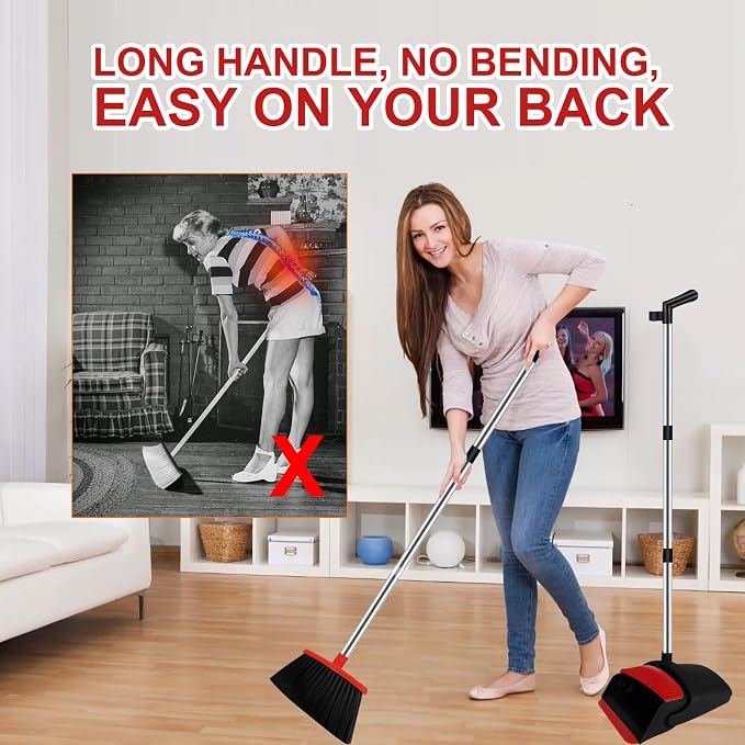 Red Broom and Dustpan Combo Set, 51" Long Handle Broom | Built-in Comb Dustpan for Pet Hair Removal, Foldable Upright Storage Design - Image 3