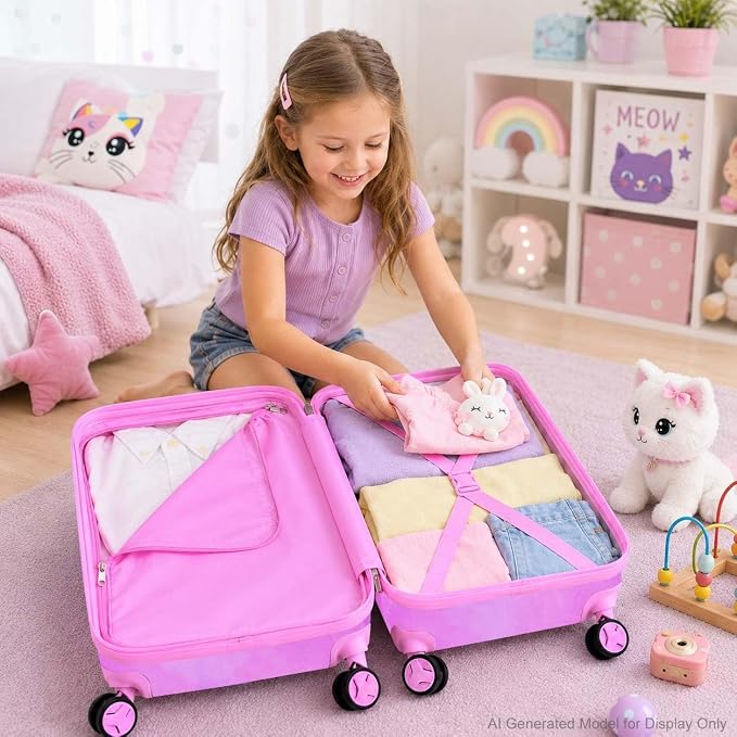 Kids Luggage Set with Wheels, Lightweight Hardshell Spinner Suitcase 2PCS - Airplane Approved Carry-On for Girls & Children Ages 3-10, Pink Cat Rolling Suitcases for Elementary Toddler Travel - Image 8
