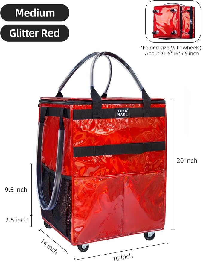 Reusable Grocery Bag with Wheels, Medium Glitter Red Rolling Tote | 8 Pockets, Zipper Cover, Foldable for Women, Kitchen, Travel, Carries Up to 66LBS - Image 3