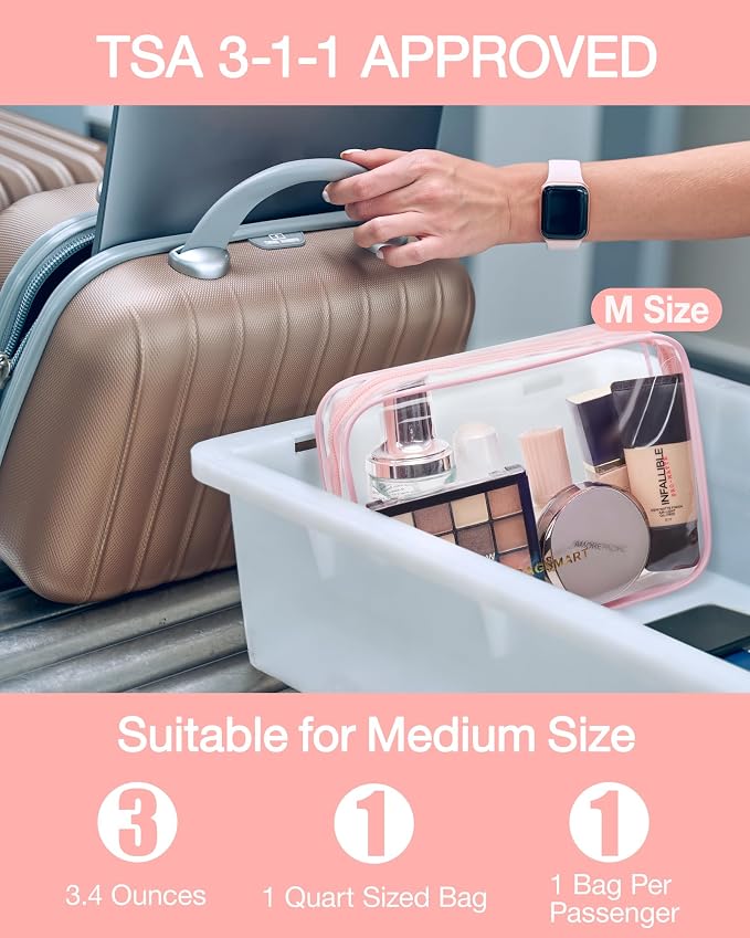 BAGSMART Clear Toiletry Bag 2-Pack TSA Approved Water-Repellent, Pink | Carry on Travel Accessories Bag, Airport Airline Quart Size Bags for Women Men, Makeup Cosmetic Bag - Image 3
