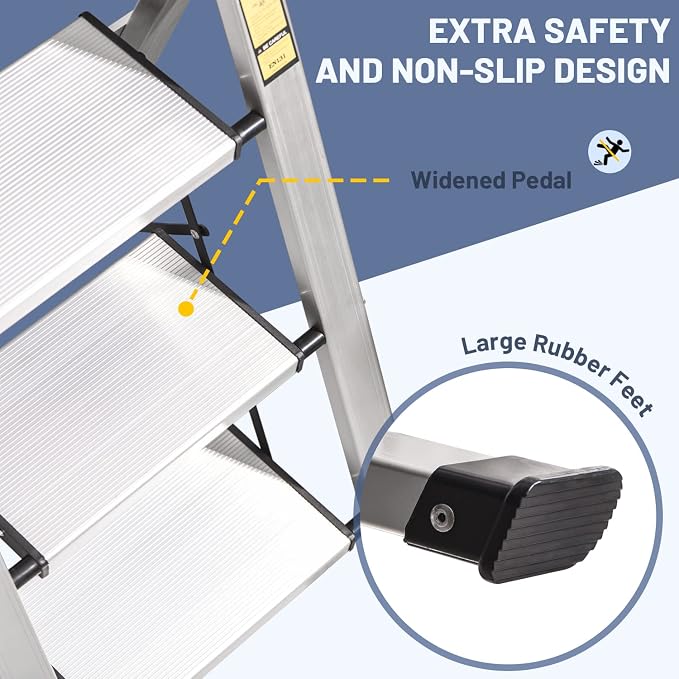 4 Step Ladder, Aluminum Folding Stool with Retractable Handgrip | 330 lbs Heavy Duty | Lightweight | Removable Tool Tray | Non-Slip Pedals | Slim Fold for Kitchen, Garage, Library & Closet - Image 4
