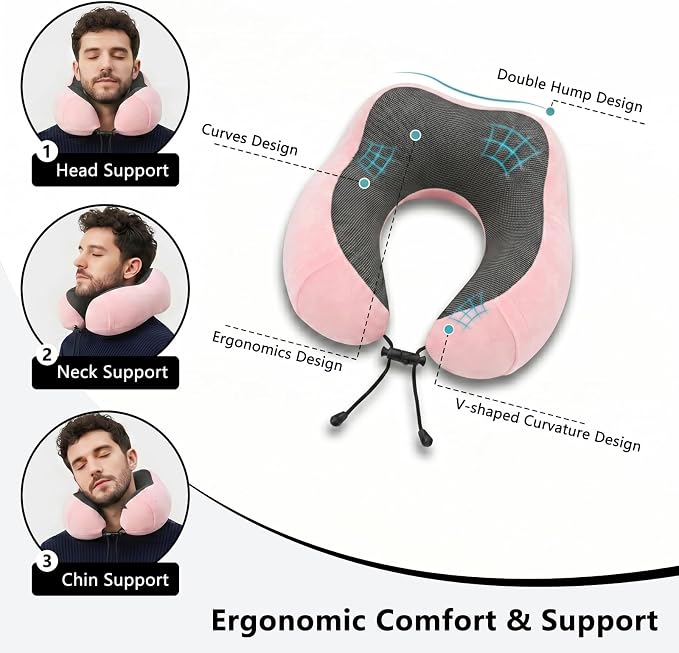 Travel Neck Pillow, 100% Memory Foam, U-Shaped with Storage Box, Pink | 100% memory foam with 360-degree support & adjustable buckle. Compact storage box. Machine washable cover. Fits all necks. - Image 5