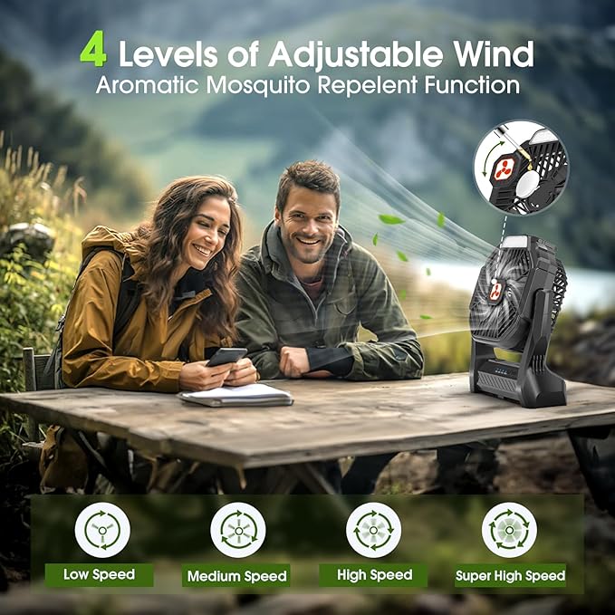 Portable Rechargeable Fan, 20000mAh Cordless Battery Powered Camping Fans | with LED Lantern Operated Outdoor Ventiladores for Travel Tent Camp Fishing Office Home Essentials Black - Image 3