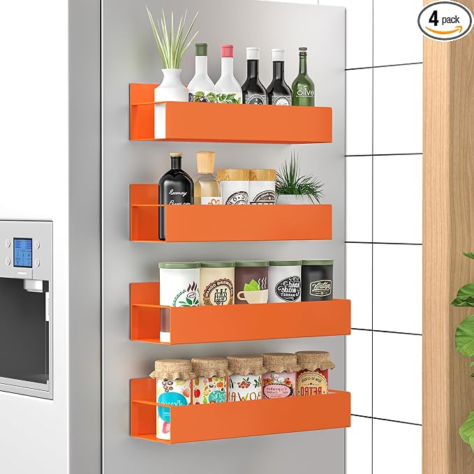 HuggieGems Metal Magnetic Spice Rack for Refrigerator Orange, 4 Pack | Magnetic Shelves Heavy Duty for Fridge in Kitchen, Seasoning Storage Organizer, For Oven Washer and Dryer, For Heavier Items by HuggieGems
