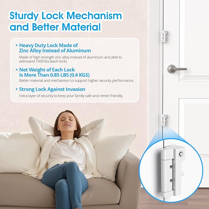 AST Home Security Door Reinforcement Lock, 1 Pack, Indoor Use, Childproof | Safety door lock, toddler proof security latch, kidproof door stopper with cylinder and snib, made of zinc alloy, matte white - Image 3