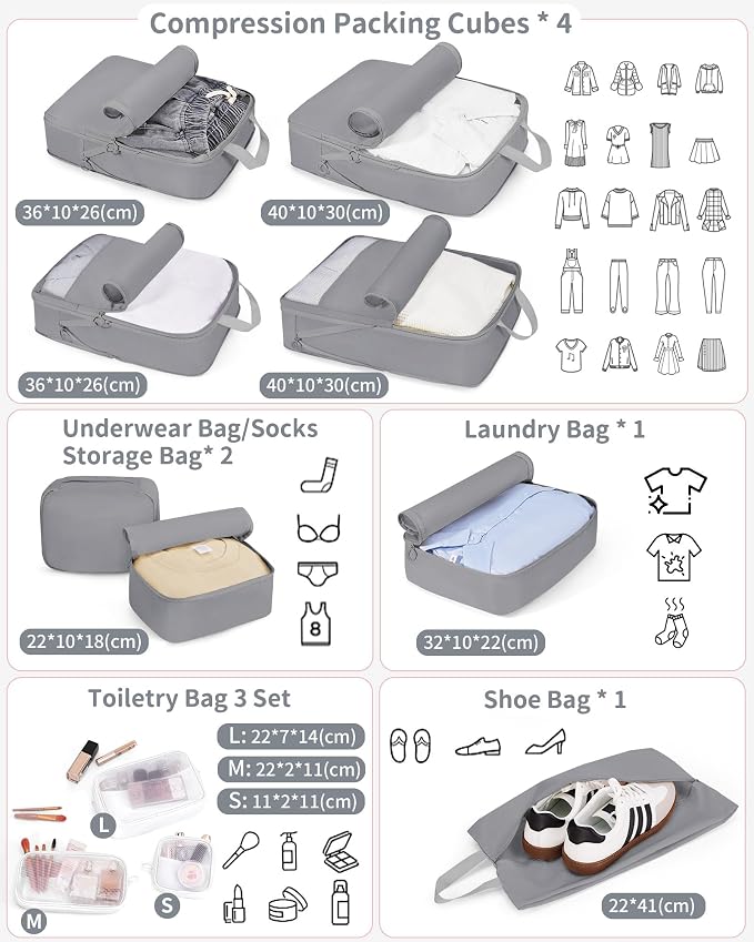 Compression Packing Cubes 11pc Set, Expandable Travel Organizers for Suitcases & Carry Ons, Durable Luggage Packing Bags for Travel Essentials Gray - Image 2