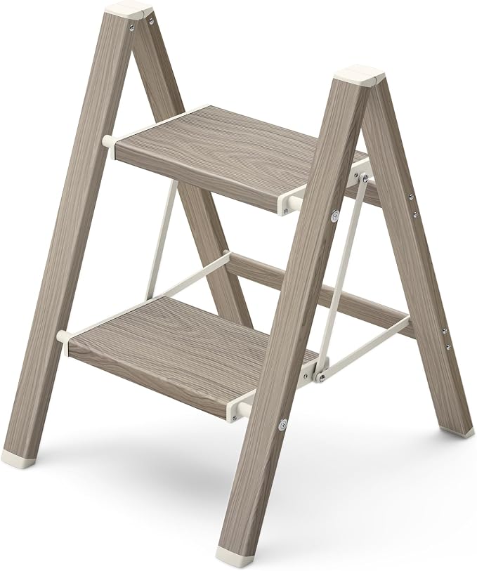 Mayi Plus 2 Step Stool Foldable, Aluminum, Lightweight Step Ladder | Extra-wide anti-slip folding steps with 330 lbs, for home,kitchen,office,outdoor,Fir woodgrain by MAYIPLUS