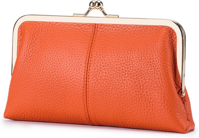 Genuine Leather Long Kiss Lock Wallet for Women – RFID Blocking Handheld Clutch Purse with 8 Card Slots, Money Clip, Zipper Coin Pocket for Travel, Work, Everyday Use – Gift for Her (Orange) by Unknown