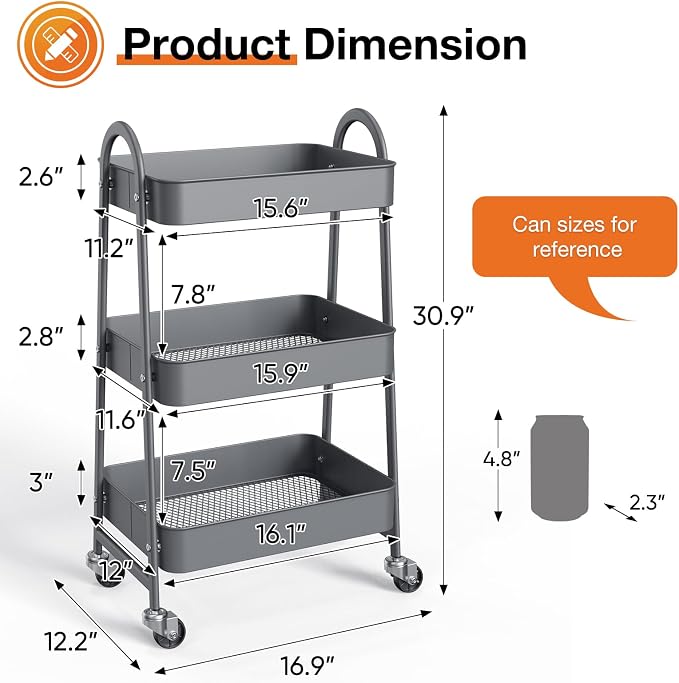 NEWBULIG 3-Tier Metal Rolling Storage Utility Cart with Lockable Wheels | Mobile Organizer Shelf, Space-Saving, Freestanding, Bathroom, Living Room, Slim, Narrow Corner Spaces, Grey - Image 4