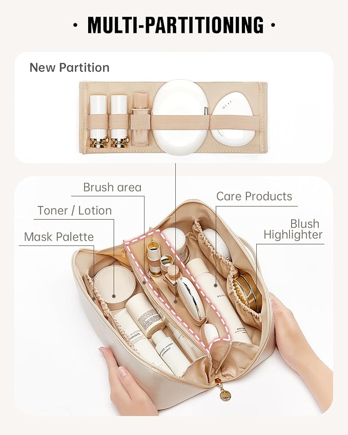 EACHY Travel Makeup Bag for Women, PU Leather Cosmetic Bag, White, Large | Water-resistant PU leather exterior with flat-open access, clear TPU brush compartment and organized storage for cosmetics - Image 2