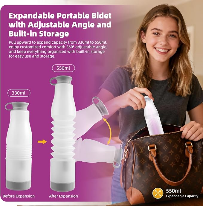 Hibbent Portable Bidet for Travel, High Pressure Electric Handheld Bidet Sprayer, 350-550ML Expandable Bottle for Personal Hygiene, USB-C Rechargeable Waterproof, Travel Sprayer for Women & Men, Pink - Image 2