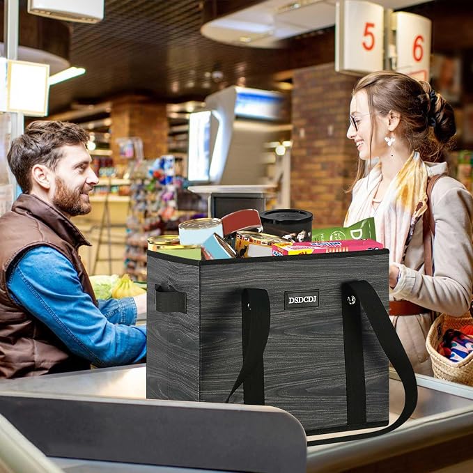 Reusable Grocery Bags - Heavy Duty Reusable Shopping Bags with Hard Bottom & Long Handles, Foldable Large Utility Tote Bag with Box Shape to Stand Up - for Kitchen, Picnic, 3 Pack, Grey - Image 2