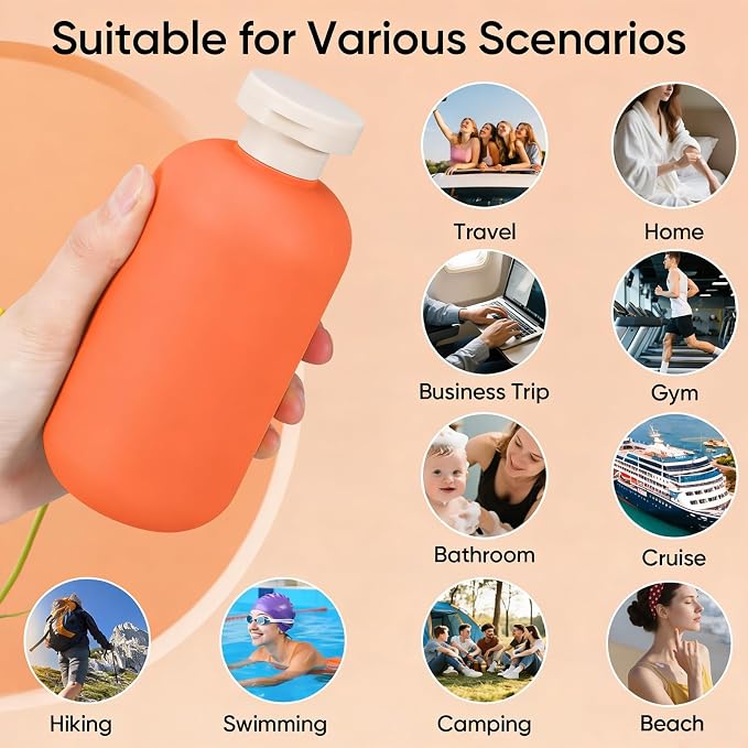 DEMORA 6.6oz Travel Bottles for Toiletries, Larger Plastic Travel Squeeze Bottles Leak Proof Refillable Toiletry Containers with Flip Caps and Labels for Shampoo Conditioner Lotion (Qrange, 4 Pcs) - Image 7
