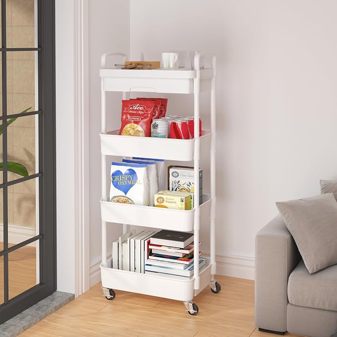 Calmootey 4-Tier Utility Cart with Drawer & Wheels, Storage for Home,Office | Space-Saving Organizer, Sturdy Plastic Shelves, Smooth-Rolling Metal Wheels, Built-in Drawer for Small Items, White - Image 4