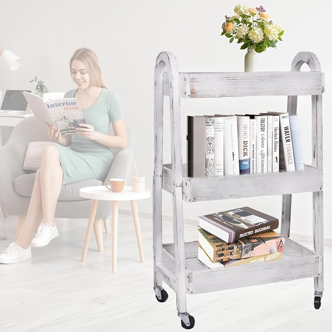 3-Tier Rolling Utility Cart with Lockable Wheels Storage Slim Storage Heavy Duty Cart Mobile Shelving Unit Craft Narrow Organizer for Bathroom Laundry Kitchen (Vintage White) - Image 3