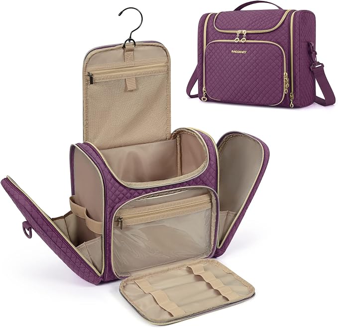 BAGSMART Women's Travel Toiletry Bag, Water-resistant Roomy, Purple | Cosmetic Makeup Bag, Door Room Essentials Travel Organizer for Full Sized Toiletries and Cosmetics by BAGSMART