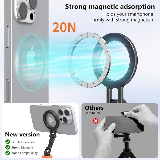 VRIG MG-28 Magnetic Phone Tripod Mount for magsafe, 1/4" Thread & Cold Shoe Camera Phone Mount Adapter Compatible with iPhone 17 16 15 14 13 12 Series, for Cameras/Tripods - Image 3