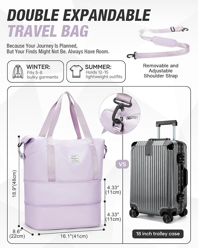 Expandable Travel Duffle Bag for Women Men, Large Gym Bag Travel Tote Bags, Waterproof Carry On Personal Item Bag Airline Approved, Workout Weekender Bag for Overnight Trip with Luggage Sleeve, Purple | Waterproof Carry On Personal Item Duffel Bag 40L ... - Image 4