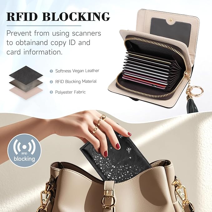 KITEVIUN Women RFID Blocking Small Bifold Wallet, Compact Cash Clutch with Zipper Coin Pocket, Glittery Butterfly Design, Credit Card Holder, Travel Purse with Tassel BLACK - Image 6