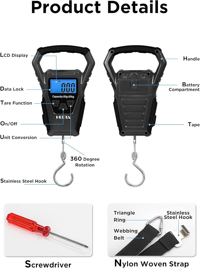 HEETA Waterproof Fish Scale Digital Hanging Fishing Luggage Weight Scale | Up 110lb/50kg Portable Scale with Backlit LCD Display, for Home & Outdoor, Measuring Tape and 2 AAA Batteries Included - Image 3