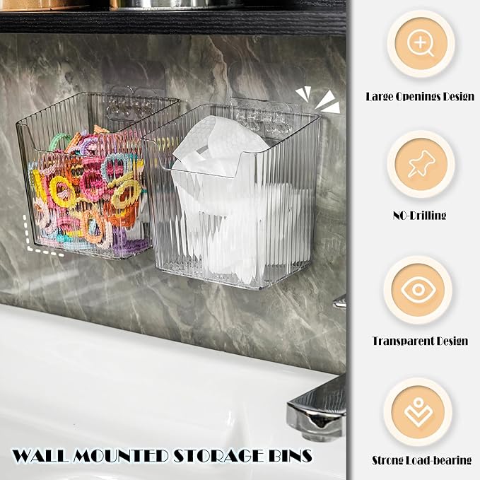 Lae Nuvole Clear Adhesive Wall Organizer Bins, Cabinet Door Storage, 4 Pack | 8 adhesive pads, No Drill, PET, stackable, space-saving; renter friendly, for Bathroom, Kitchen, Pantry, RV, Dorm, Office - Image 3