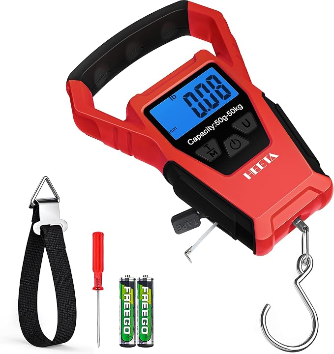 HEETA Waterproof Fish Scale Digital Hanging Fishing Luggage Weight Scale | Up 110lb/50kg Portable Scale with Backlit LCD Display, for Home & Outdoor, Measuring Tape and 2 AAA Batteries Included by HEETA