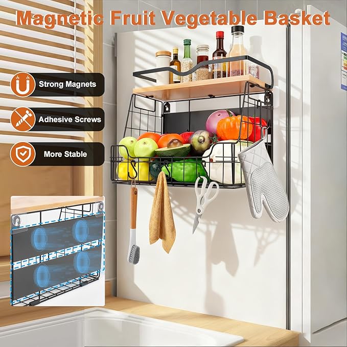 Livabber Magnetic Fridge Organizer Basket with Wood Shelf, Large Fruit Vegetable Storage Bin, Spices Snacks Condiments Rack for Kitchen Pantry, Laundry Room, Office, Magnetic or Wall Mount (Black) - Image 4