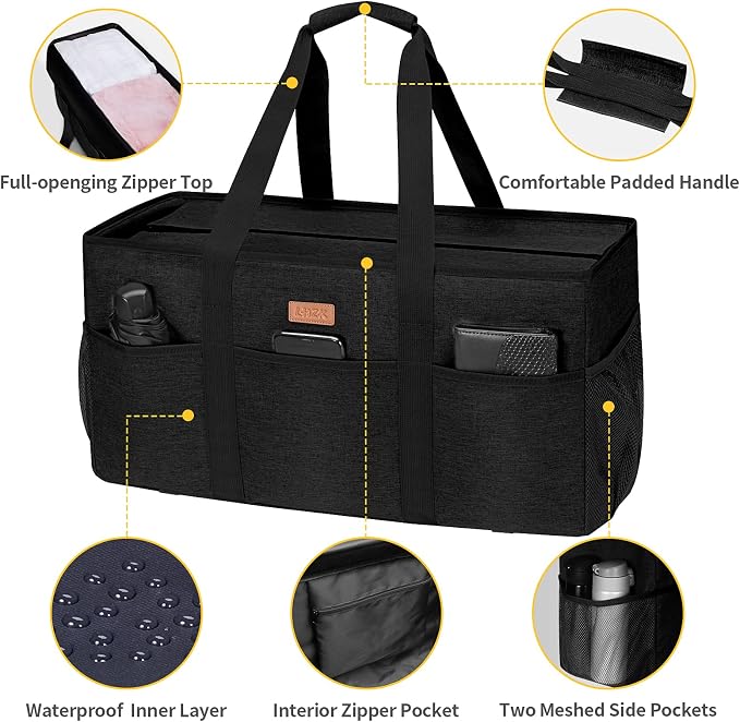 LHZK Stand Up Extra Large Utility Tote Bag with Lid, Utility Tote Bag with Metal Wire Frame and the Sides Rinforced, Reusable Grocery Bags Foldable, Beach Bag, Car Tote (Black) - Image 3